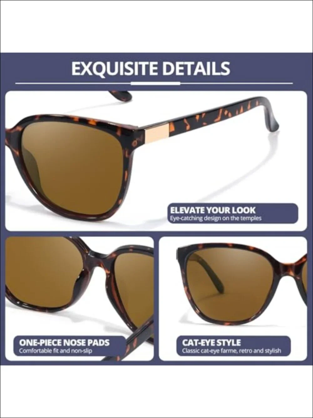 Polarized Square Retro Sunglasses with Gold Accents UV400 Full Frame
